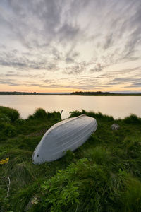 Overturned boat at green coast of lake