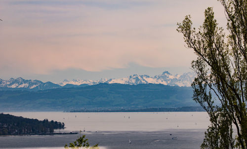 Scenic view of lake and mountains against sky