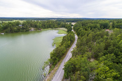 Aerial of a highway and lake in loftahammar, kalmar