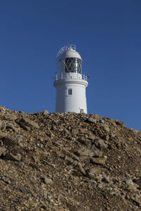 Low angle view of lighthouse against clear sky