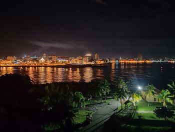 Illuminated city by river against sky at night