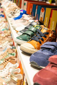 High angle view of shoes for sale