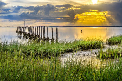 Scenic view of lake against sky during sunset