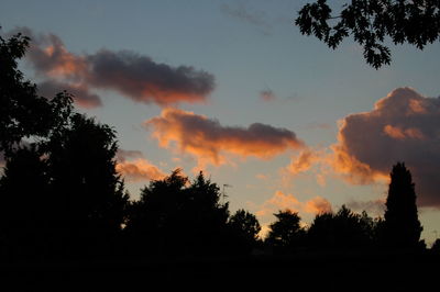 Low angle view of silhouette trees against cloudy sky