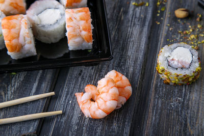 High angle view of sushi on table
