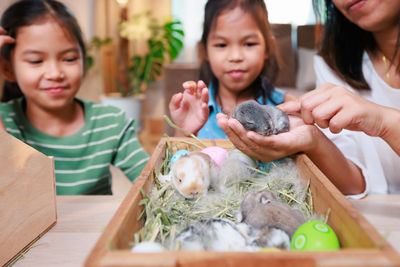 Mother and daughters holding baby rabbit