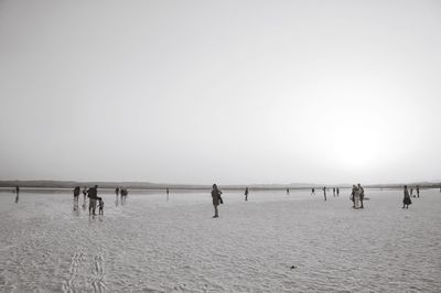 People enjoying in sea against clear sky