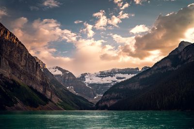 Scenic view of lake and mountains against sky