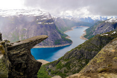 Panoramic view of lake and mountains against sky