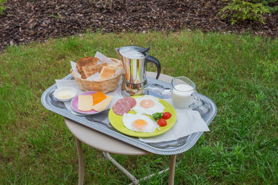 High angle view of breakfast on table