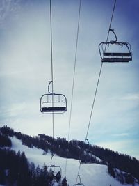 Low angle view of overhead cable car against sky