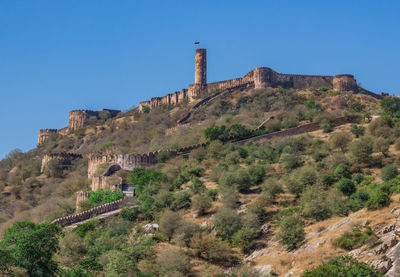 Low angle view of historical building against clear blue sky