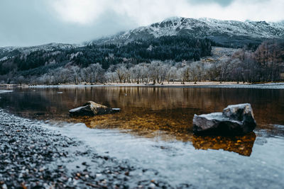 Scenic view of lake and snowcapped mountains against sky