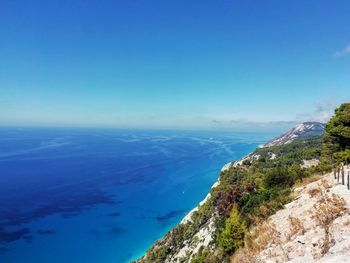 Scenic view of sea against clear blue sky