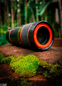 Close-up of vintage car on field
