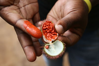Close-up of hand holding strawberries