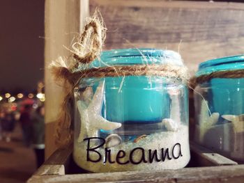 Close-up of glass jar on table