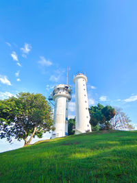 Low angle view of lighthouse on field against sky