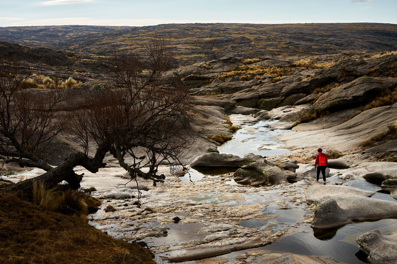 REAR VIEW OF PERSON STANDING ON ROCK AGAINST MOUNTAIN