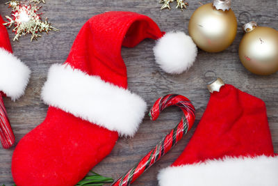 High angle view of christmas decorations on table