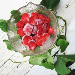 High angle view of strawberries on table