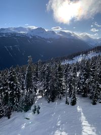  snowcapped mountains against sky on whistler blackcomb ski resort