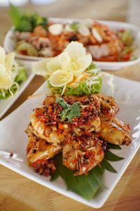 High angle view of meal served on table