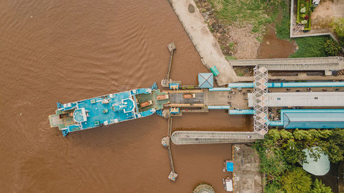 High angle view of ship in river of kapuas at pontianak city