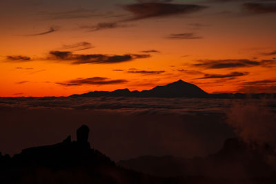 Spectacular sunset above the clouds of the teide volcano national park on tenerife.