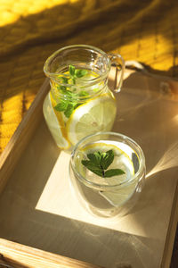 Glass of water with lemon and mint on wooden tray in sunlight in the flat