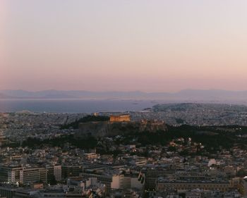 High angle view of townscape against sky during sunset