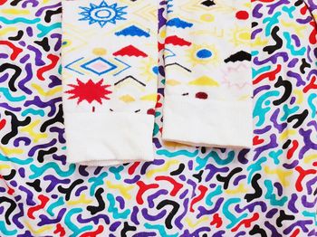 High angle view of multi colored candies on table