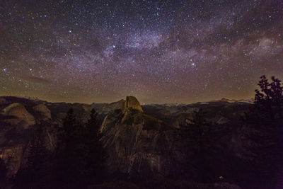 Idyllic shot of milky way over rock formation at yosemite national park