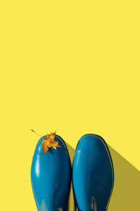 Blue rubber boots with autumn golden maple leaf on a yellow background