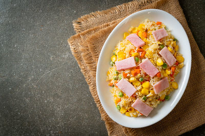 High angle view of food in plate on table