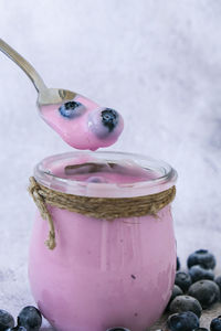 Close-up of drink in jar on table