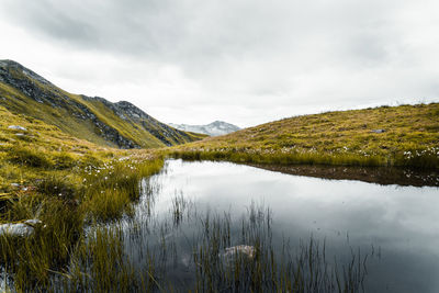 Scenic view of lake and mountains against sky