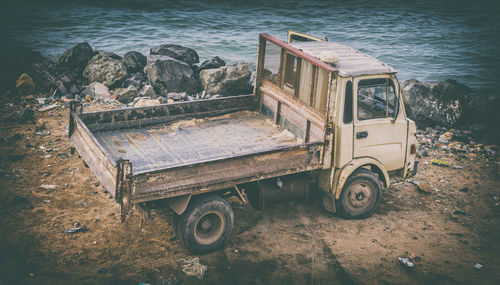 High angle view of abandoned ship on sea shore