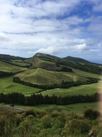 Scenic view of agricultural field against sky