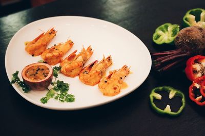 High angle view of food in plate on table