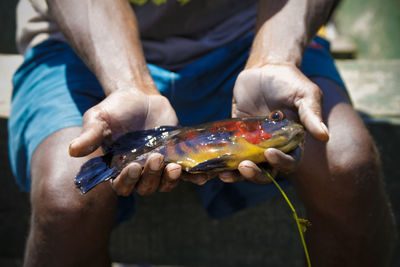 Close-up of cropped hand holding fish