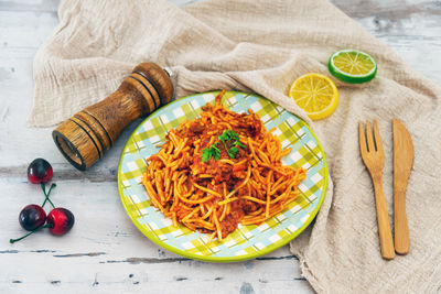 High angle view of noodles in bowl