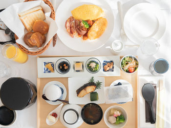 High angle view of breakfast served on table