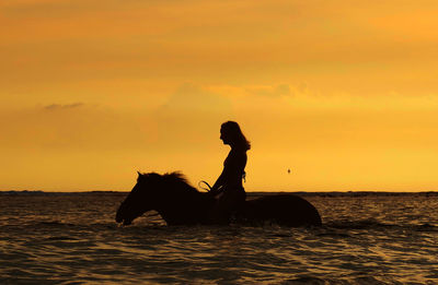 Side view of silhouette person riding horse in water against sky during sunset