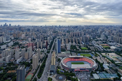 High angle view of buildings against sky