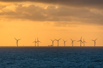 Wind turbines by sea against sky during sunset