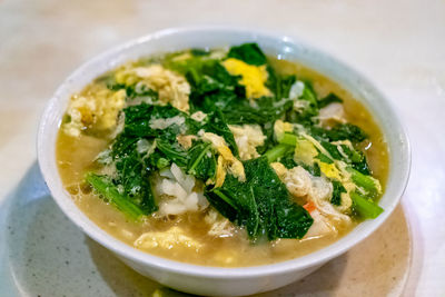 High angle view of soup in bowl on table