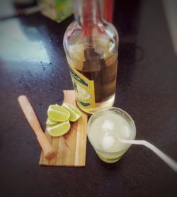 High angle view of drink in glass jar on table