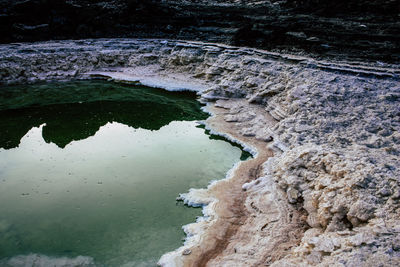 High angle view of rocks in lake