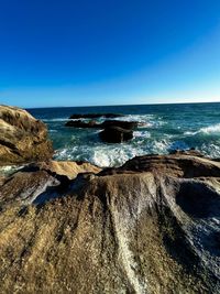 Scenic view of sea against clear blue sky